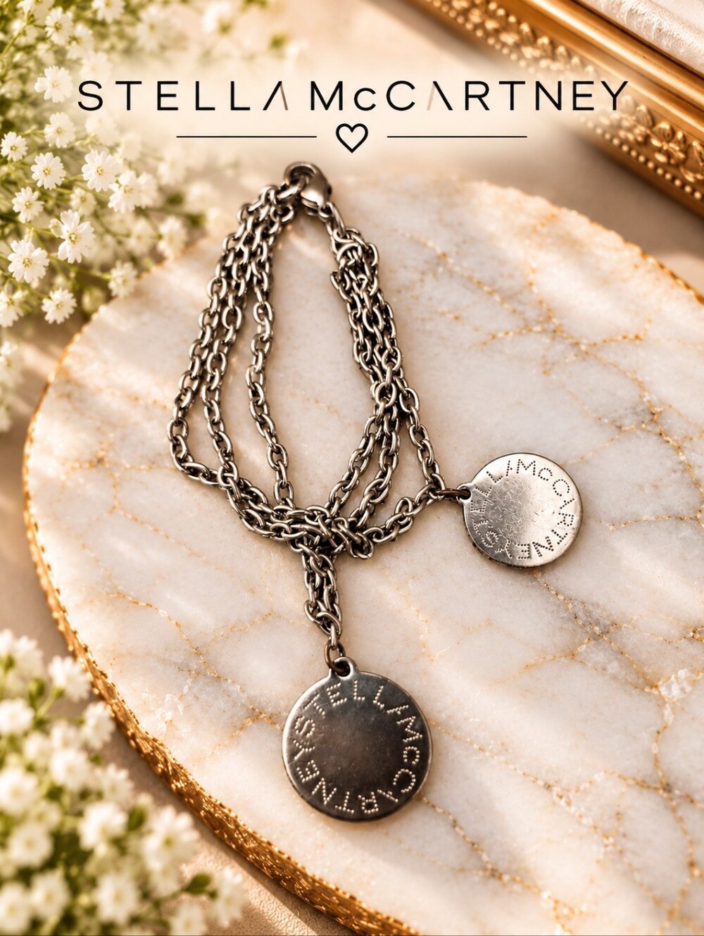 Stella McCartney Silver Tone Multi Chain Logo Disc Charm Bracelet